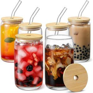 6pcs Set Glass Cups with Bamboo Lids and Glass Straw - Beer Can Shaped Drinking